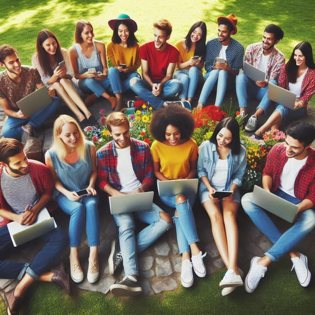 Young people sitting on the grass with their laptops