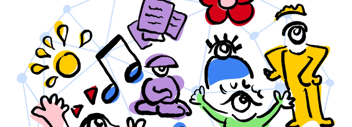 Colourful illustration with characters, music and messages