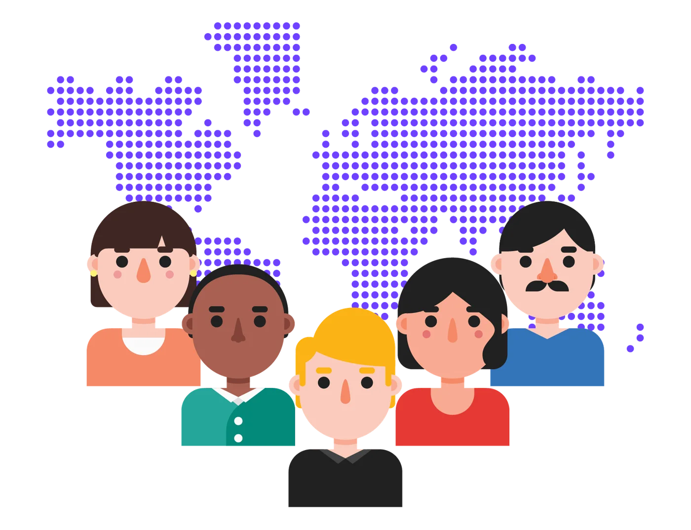Different people in front of a world map